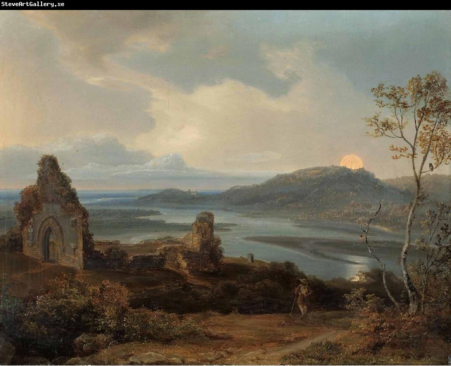 Carl Rottmann Ruin of a chapel near a river with rising moon